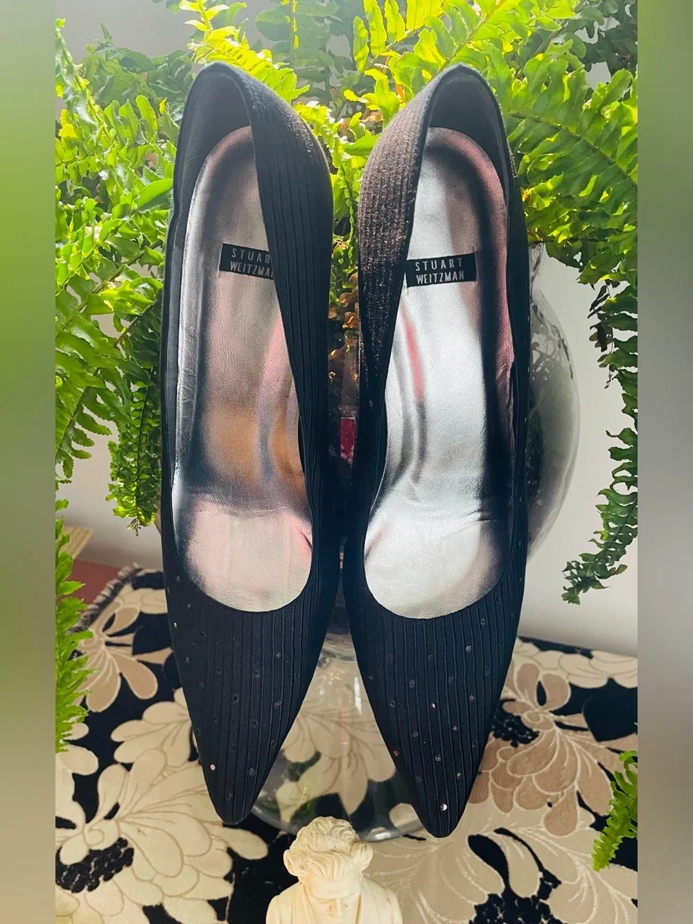 Stuart Weitzman Black Pointed Toe Embellished Kitten Heels